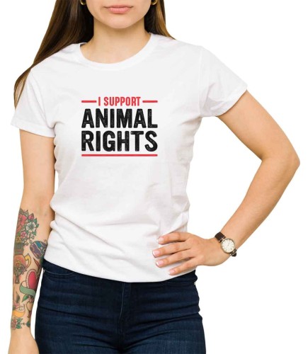 Biały T-shirt damski z hasłem - I support animal rights