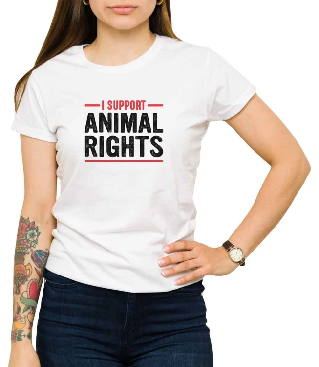 Biały T-shirt damski z hasłem - I support animal rights