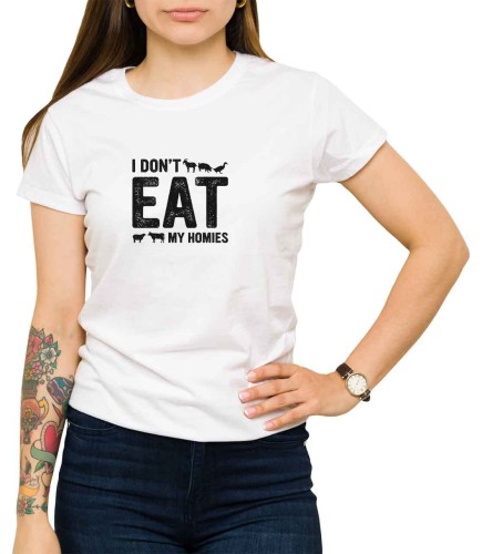 Biały damski T-shirt z napisem I don't eat my homies