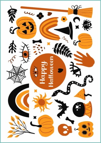 Kolorowe naklejki na ciało na imprezę w Halloween - tatuaż dynia, tęcza, oko, pajęczyna, wąż, listki, miotła i inne