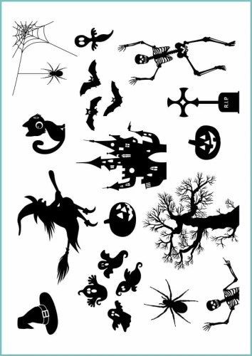 Tatuaże zmywalne Halloween dla dzieci - czarne wzory duchów, dyń, czaszek, kotów i pająków
