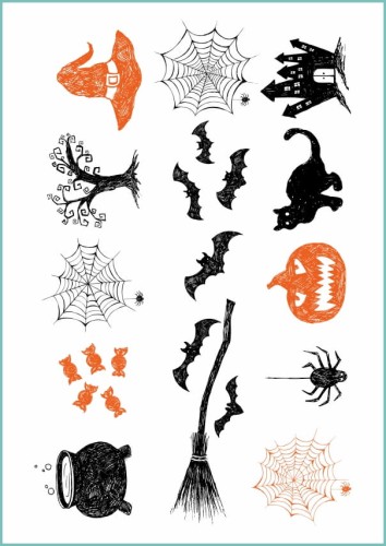 Wzory tatuaży zmywalnych z rysunkowymi grafikami na halloween - kapelusz czarownicy, nietoperze, pajęczyna, kocioł, cukierki, zamek