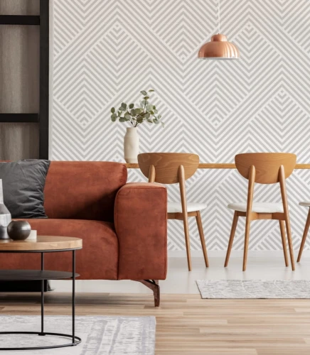 Salon z tapetą w szare paski