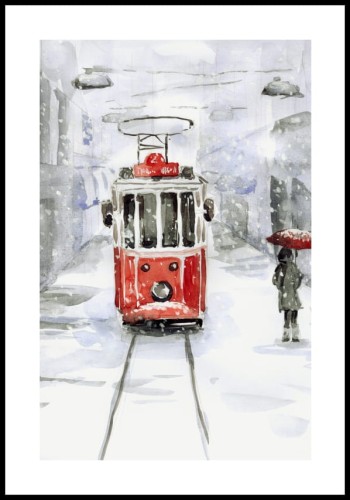 Plakat śnieg i stary tramwaj z białym marginesem