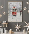 Pokój dziecięcy z zimową grafiką z czerwonym tramwajem