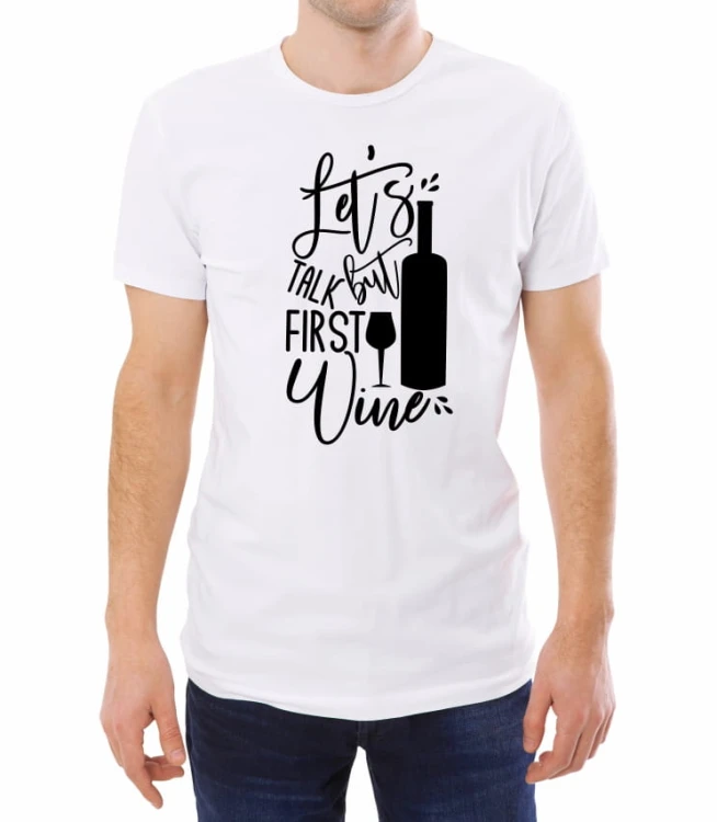 Biały męski T-shirt z nadrukiem na wieczory przy winie