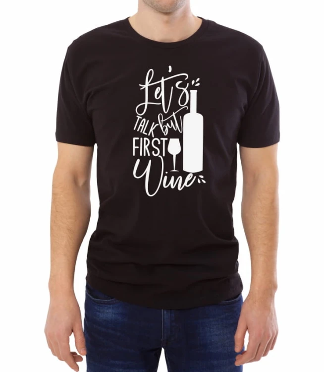Czarny męski T-shirt Let's talk but first wine
