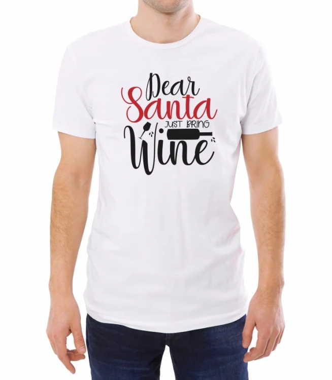 Biała koszulka męska z prośbą do świętego Mikołaja o przyniesienie wina