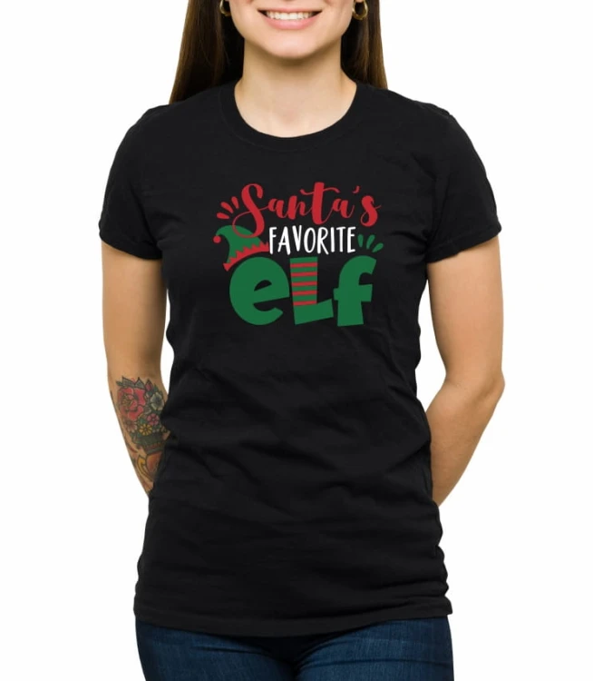 Czarny damski T-shirt ulubiony elf Mikołaja