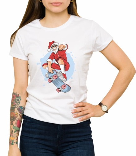 Damski biały T-shirt z Mikołajem na desce