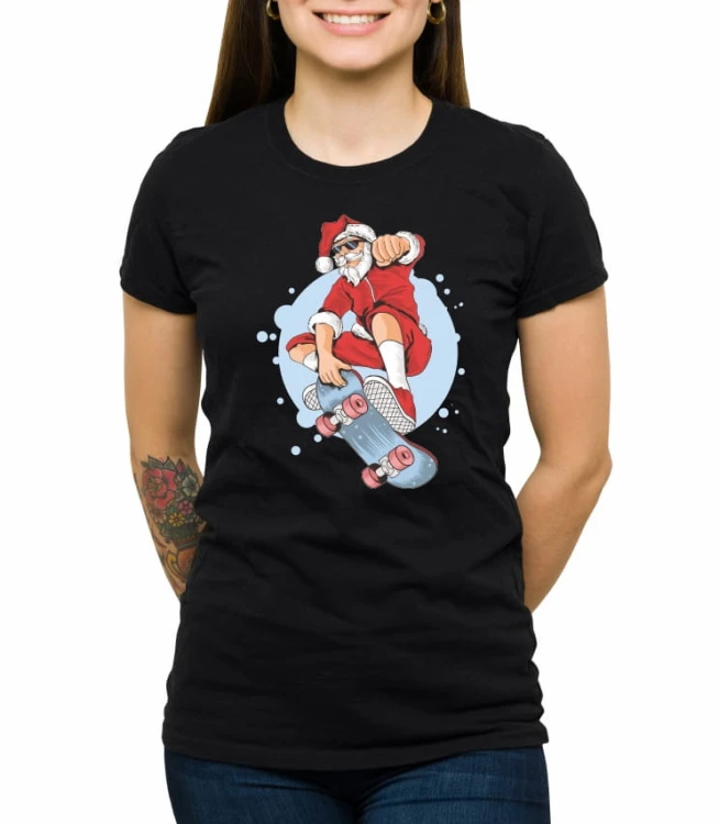 Czarny damski T-shirt z rysunkiem świętego Mikołaja jadącego na deskorolce