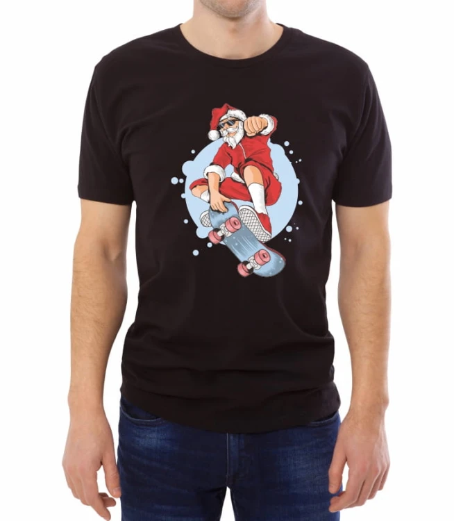 Czarny T-shirt dla niego z jadącym Mikołajem