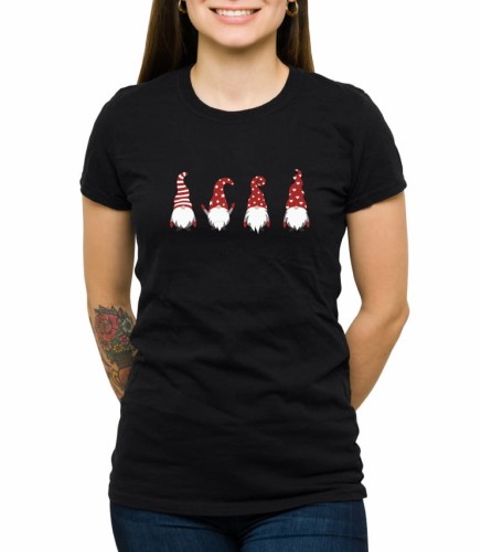 Czarny damski T-shirt ze świątecznymi krasnoludkami