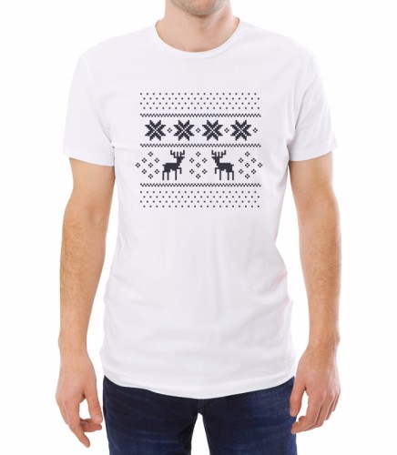 T-shirt biały męski z norweskim świątecznym wzorem i reniferami