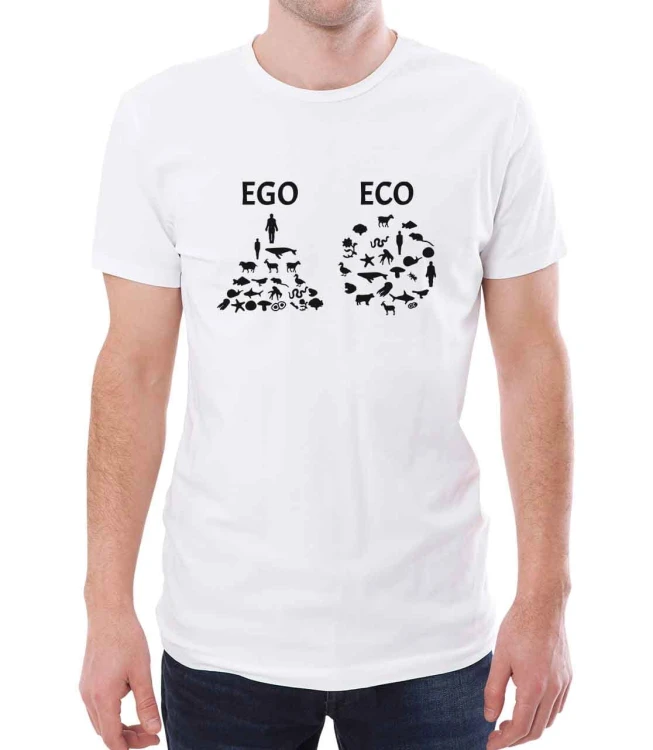 Biały męski T-shirt z obrazkiem egoizmu i ekologii