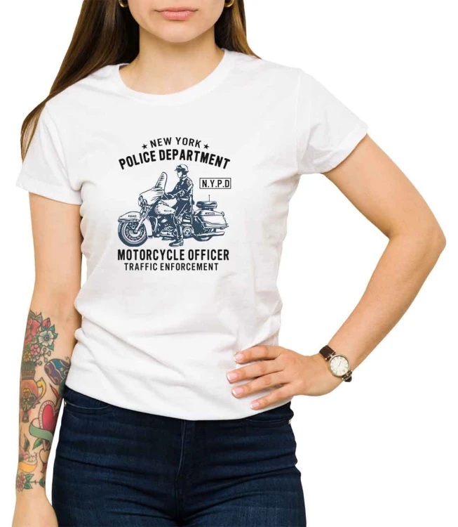 Biały damski T-shirt oficer policji z Nowego Jorku na motorze