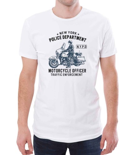 Biała męska koszulka z nadrkiem nowojorskiego policjanta na motocyklu.