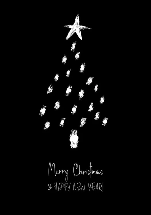 Czarny plakat z choinką ze śniegu i tekstem Merry Christrmas & Happy New Year
