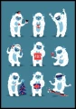 Zabawny plakat dla dzieci ze świątecznym stworem yeti stojącym na niebieskim tle