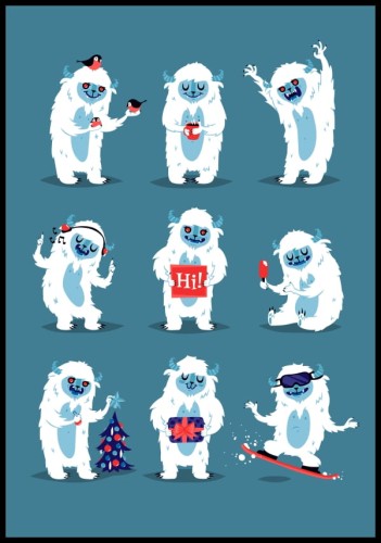 Zabawny plakat dla dzieci ze świątecznym stworem yeti stojącym na niebieskim tle