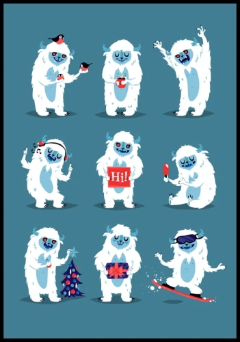 Zabawny plakat dla dzieci ze świątecznym stworem yeti stojącym na niebieskim tle