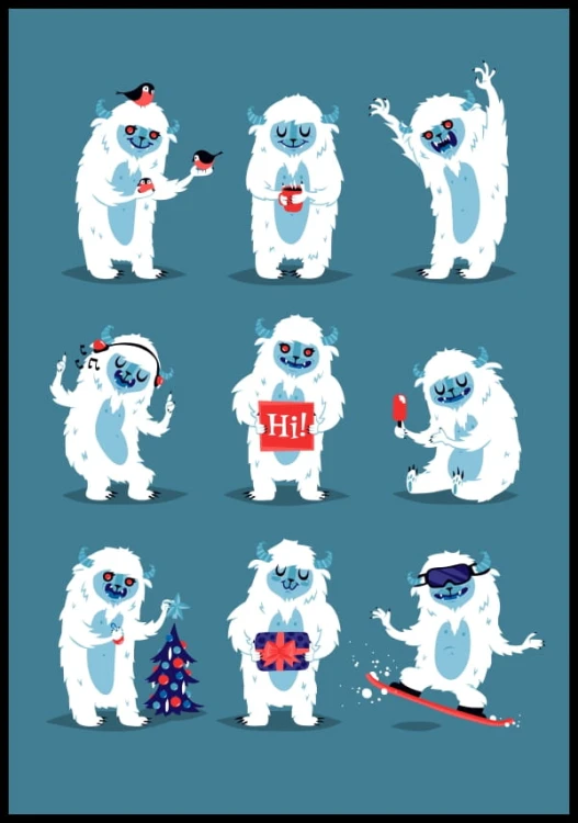 Zabawny plakat dla dzieci ze świątecznym stworem yeti stojącym na niebieskim tle