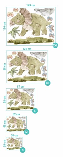 Wymiary naklejki ze stojącym dinozaurem triceratopsem