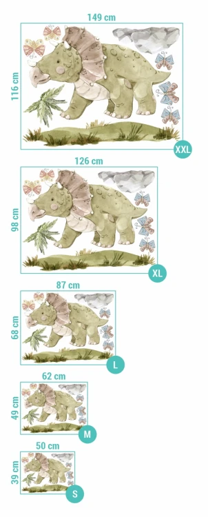 Wymiary naklejki ze stojącym dinozaurem triceratopsem