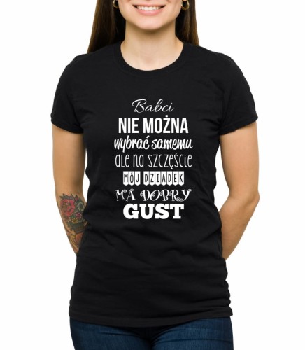 Czarny damski T-shirt z napisem babci nie można wybrać samemu