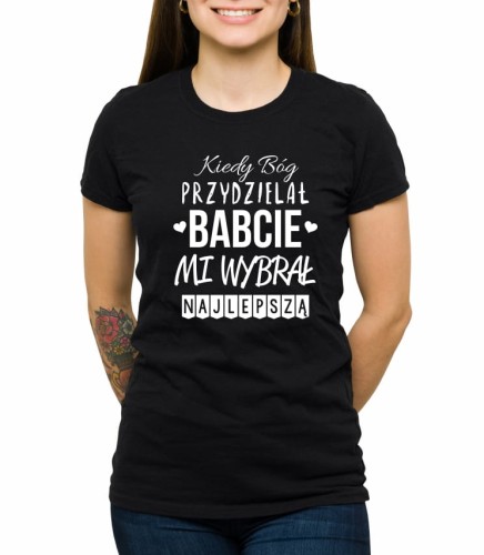 Czarna koszulka damska Bóg przydzielał babcie