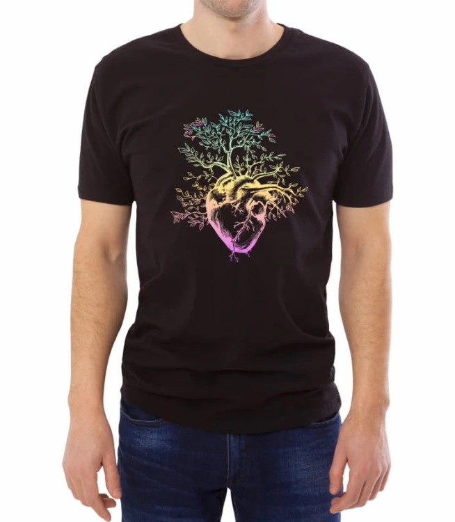 Czarny męski T-shirt z sercem i żyłami zmienionymi w gałęzie drzewa