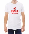 Biały męski T-shirt nawiązujący do pandemii COVID z napisem Uwaga! niezaszczepiony