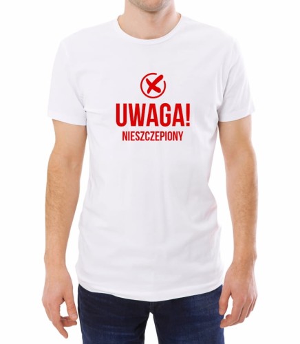 Biały męski T-shirt nawiązujący do pandemii COVID z napisem Uwaga! niezaszczepiony