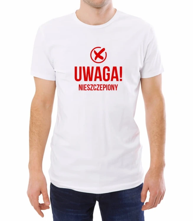 Biały męski T-shirt nawiązujący do pandemii COVID z napisem Uwaga! niezaszczepiony