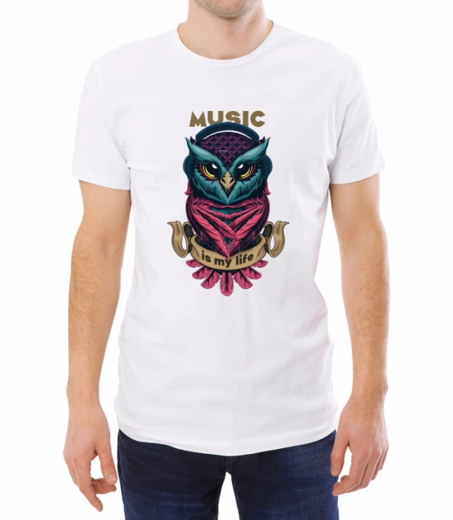 Biały T-shirt męski z sową i napisem music is my life
