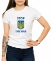 Biały damski T-shirt z nadrukiem hasła "stop the war" w barwach Ukrainy