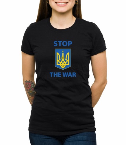Czarna damska koszulka hasłem stop the war