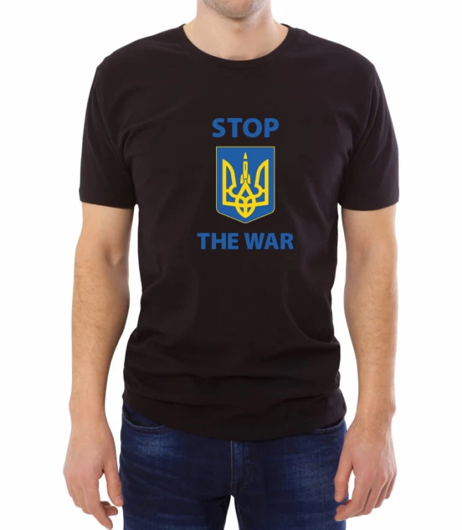 Biały męski t-shirt z niebiesko-żółtym hasłem "stop the war"