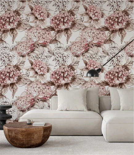 Salon z tapetą w hortensje