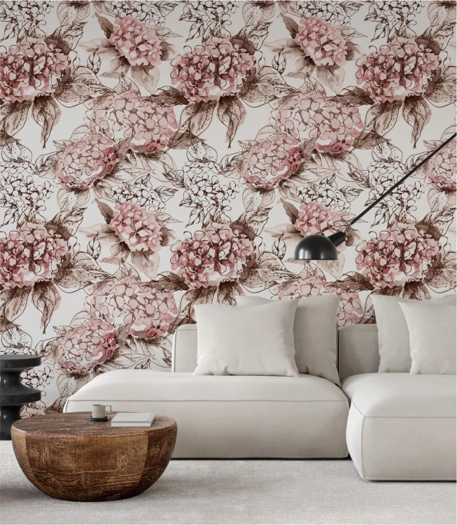 Salon z tapetą w hortensje