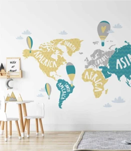 Naklejka pastelowa mapa świata z balonikami