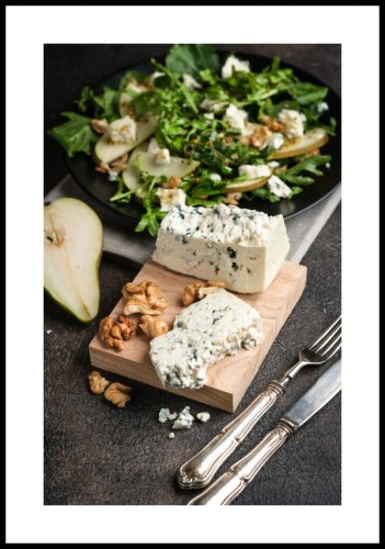 Plakat gruszka, ser pleśniowy, orzechy z białym marginesem