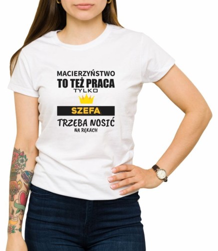 Biała damska koszulka macierzyństwo to też praca