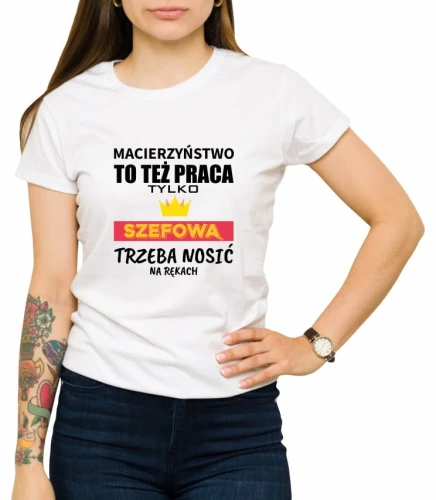 Biała damska koszulka macierzyństwo to też praca 01
