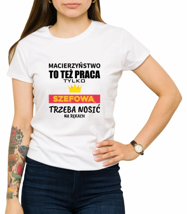 Biała damska koszulka macierzyństwo to też praca 01