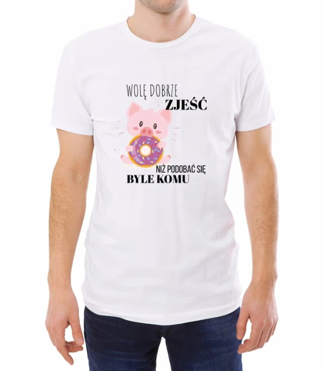 Biała męska koszulka wolę dobrze zjeść