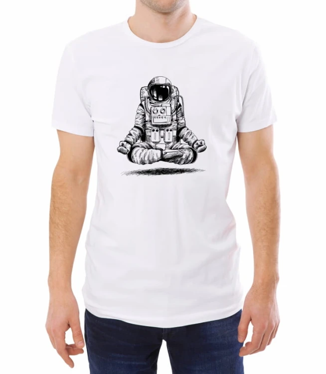 Biała koszulka męska medytujący astronauta