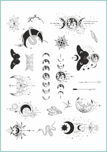 Zestaw tatuaży zmywalnych z mistycznymi wzorami zawiera księżyce, węże, kwiaty, ćmy, kryształy i inne  magiczne grafiki