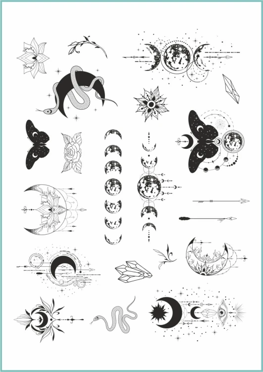 Zestaw tatuaży zmywalnych z mistycznymi wzorami zawiera księżyce, węże, kwiaty, ćmy, kryształy i inne  magiczne grafiki
