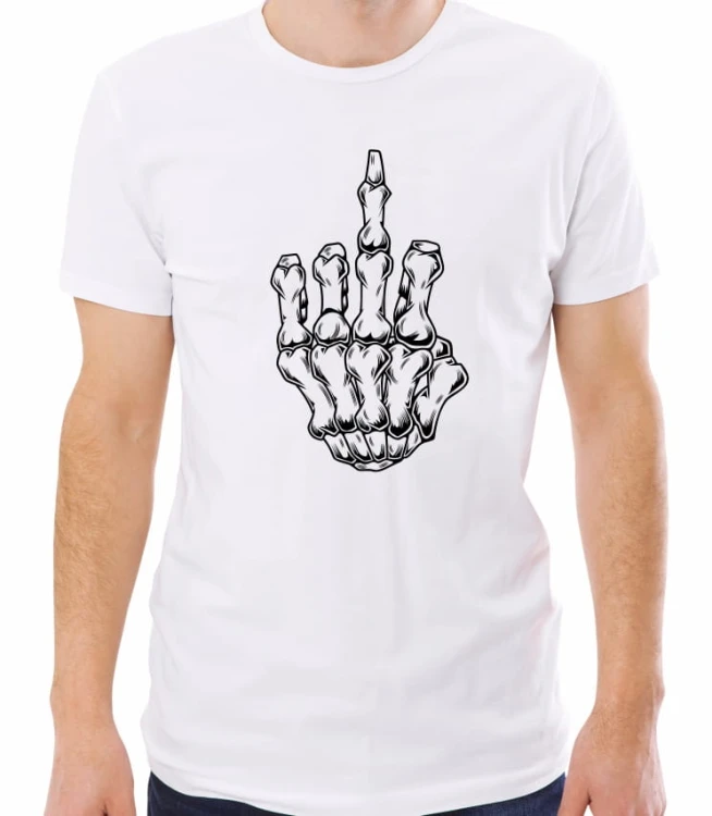 Biała męska koszulka fuck hand skeleton